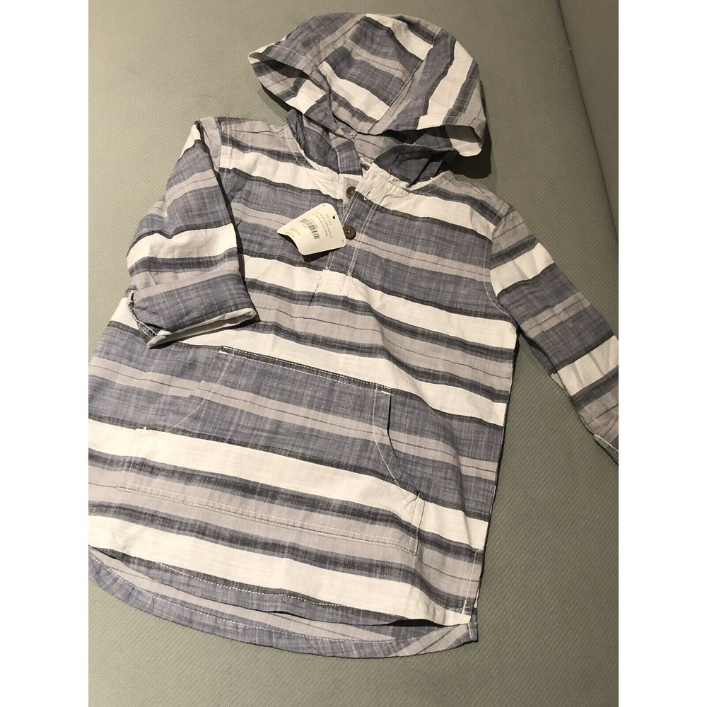Boys GYMBOREE Roll Up Long Sleeve Hooded Shirt 4T Beach Cover Cotton Blue Stripe